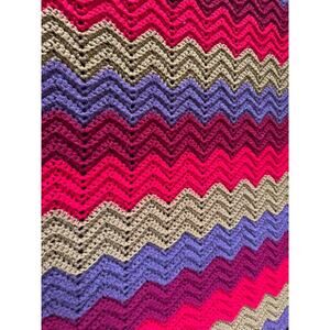 VTG Handmade Crochet Ripple Afghan Retro Chevron Multicolor Blanket Throw Cozy